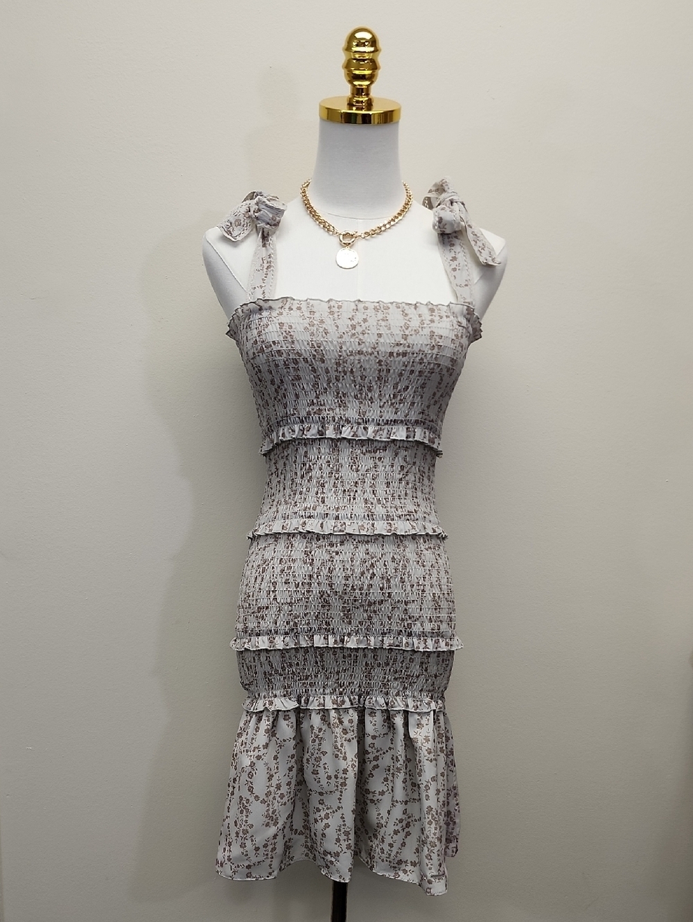 Chou Yatou Smocked Floral Midi Dress Tie Shoulder Cottagecore Size XSmall